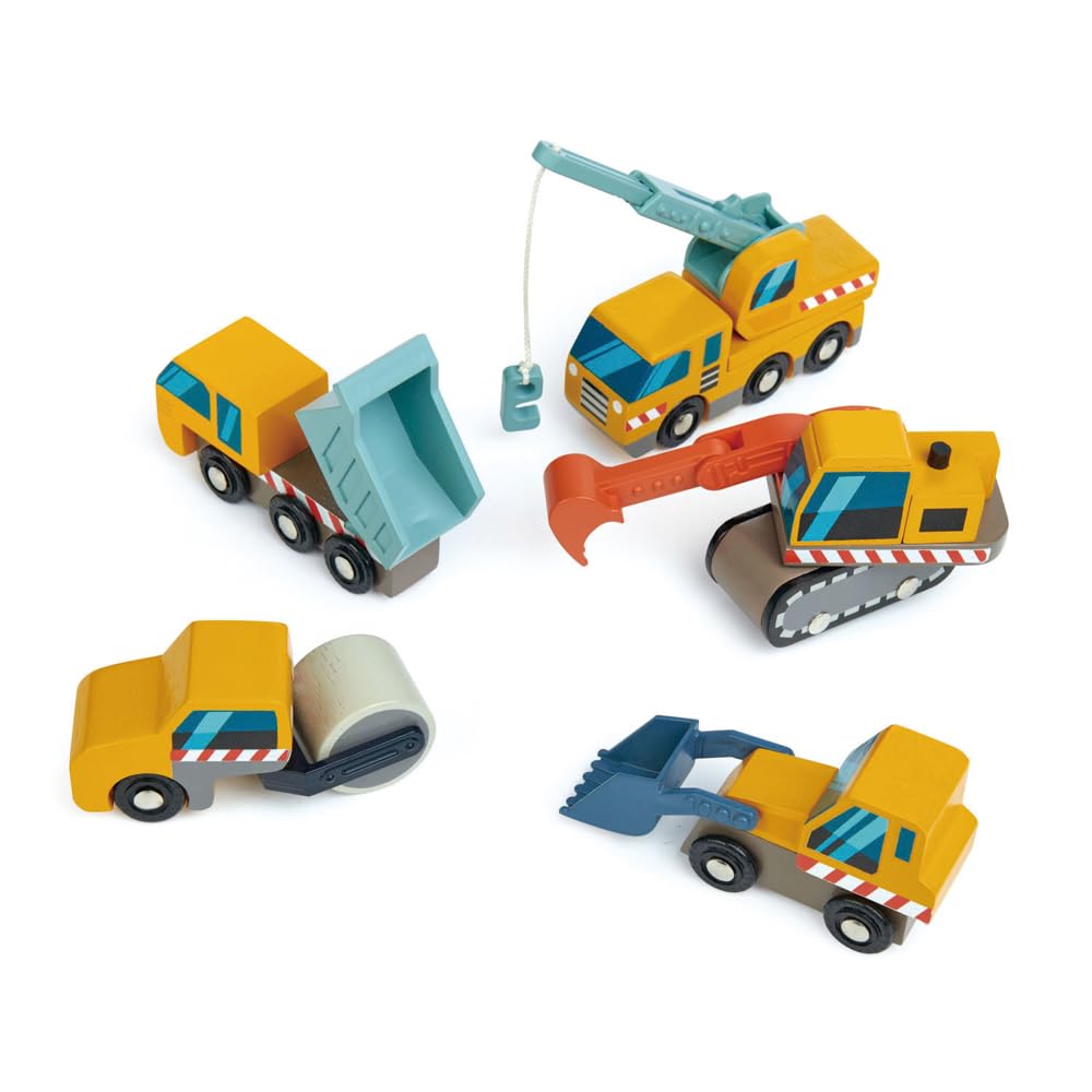 Tender Leaf Toys - Construction Site - Four Heavy Vehicles with Crane Truck, Road Roller, Dump Truck and Front Loader - Build Your Own Construction