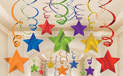 AimtoHome Rainbow Party Star Swirl,Foil Ceiling Hanging Swirl Decorations with Star, Whirls Decorations for Party, Pack of 36,Green Red Yellow Blue