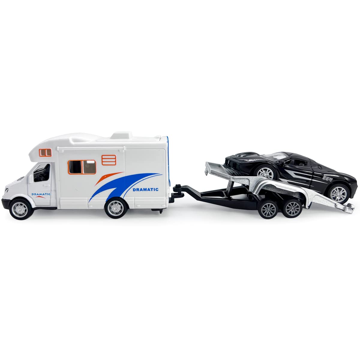 Toy Camper RV Trailer Towing Supercar Sports Model Car Diecast Motorhome Toys for Boys Pull Back Toy Cars, Beach Sandbox Outdoor Adventure Play Set, 3