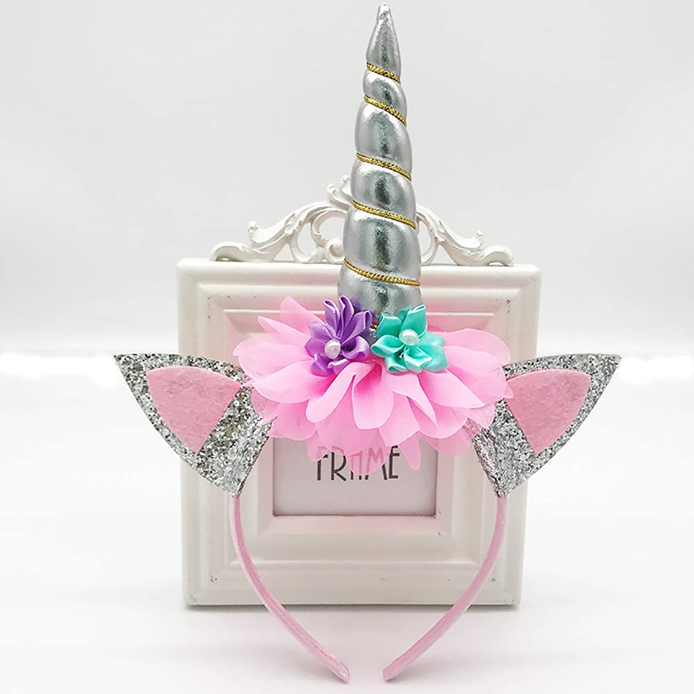 Risshine 2Pcs Unicorn Horn Headbands Flowers Cat Ear HeadBands for Birthday Party, Christmas,Halloween,Photo Props, Unicorn Themed Party Decoration