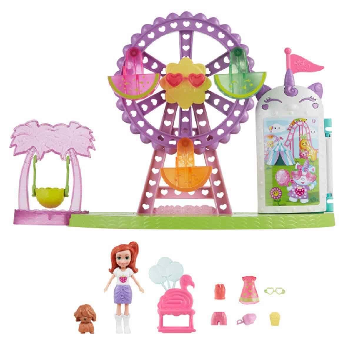 Polly Pocket Doll & Playset, Tropical Treats Carnival Food-Themed Toy Includes 3-inch Doll, 1 Puppy, 10 Accessories & Spinning Ferris Wheel