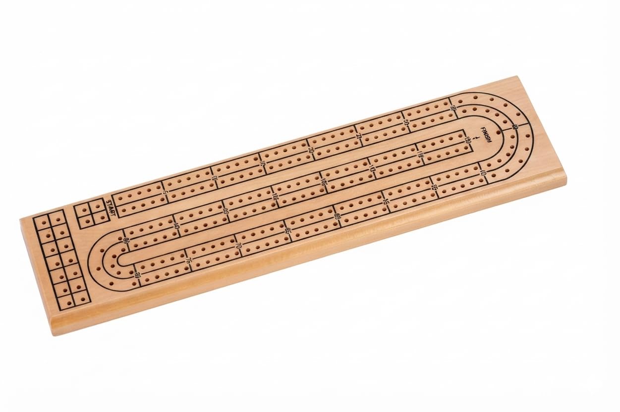 Natural Wooden 2 Track Cribbage Board with 6 Plastic Pegs, Classic Cribbage Game Board with Black Printed Tracks, Backside Peg Storage, 13.75 x 3.5 x