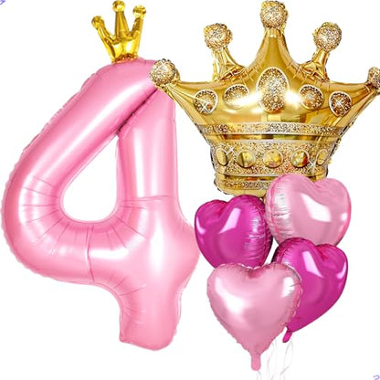 Princess 4th Birthday Party Decorations, 40 inch Large Pink Crown 4 Balloon for Girls’ Princess Royal Birthday Decorations, Party Supplies Favors