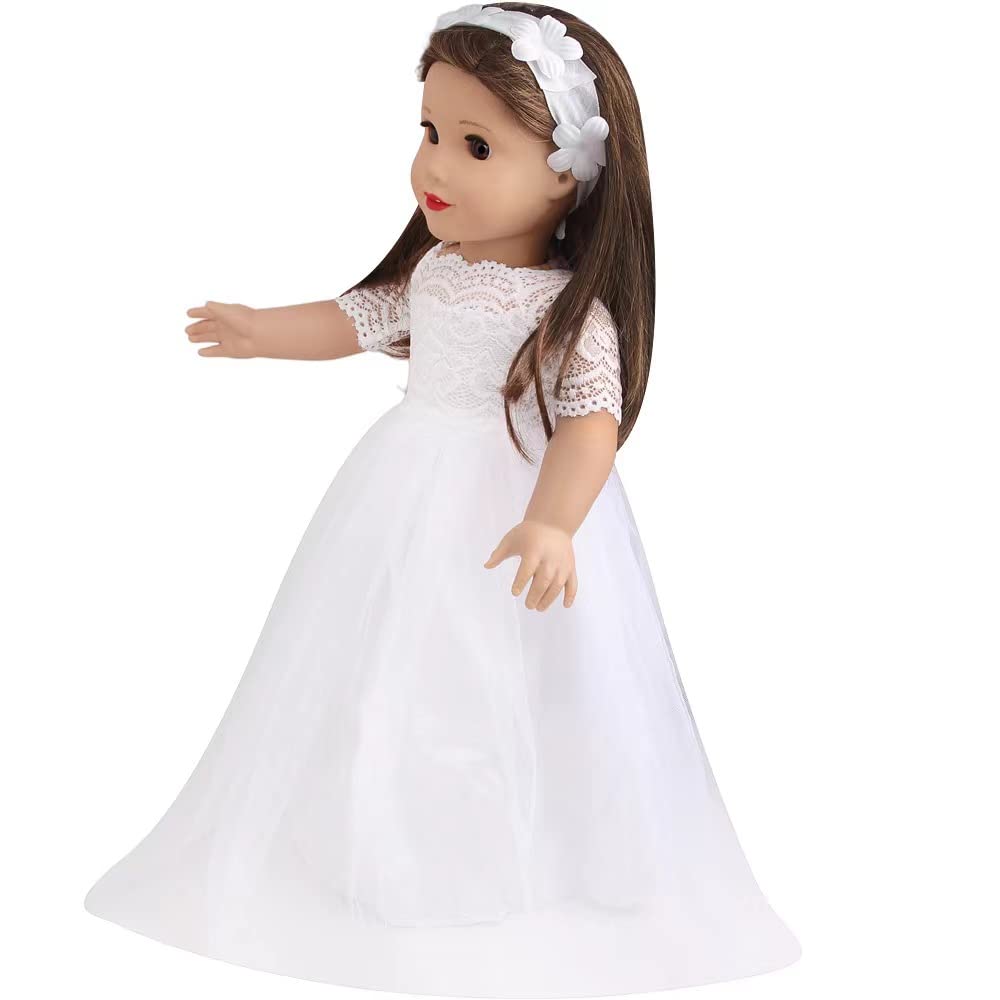 Little Angel - 18 Inch Doll Clothes: White Satin Communion / Wedding Dress with Matching Headband - Fits 18 Inch Doll