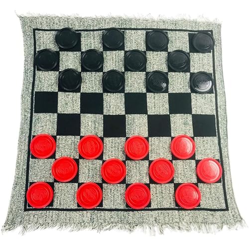 YH Poker 3 in 1 Giant Checkers Set and Tic Tac Toe Game with Reversible Rug - Indoor and Outdoor Board Game for Family, Great for Camping, Backyard