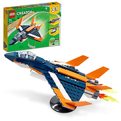 LEGO Creator 3 in 1 Supersonic Jet Plane Toy Set, Transforms from Plane to Helicopter to Speed Boat Toy, Buildable Vehicle Models for Kids, Boys