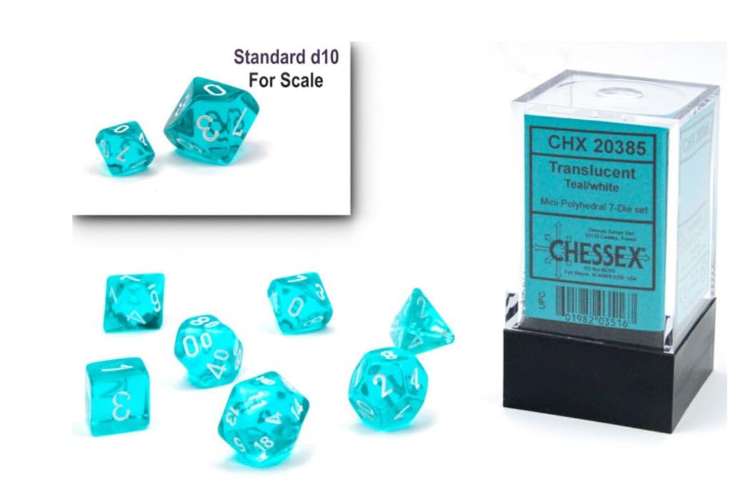 Chessex 10mm Translucent Teal & White Polyhedral Dice Set - Compatible with Dungeons & Dragons (D&D), Pathfinder & Other TTRPGs - Includes 7 Dice: D4