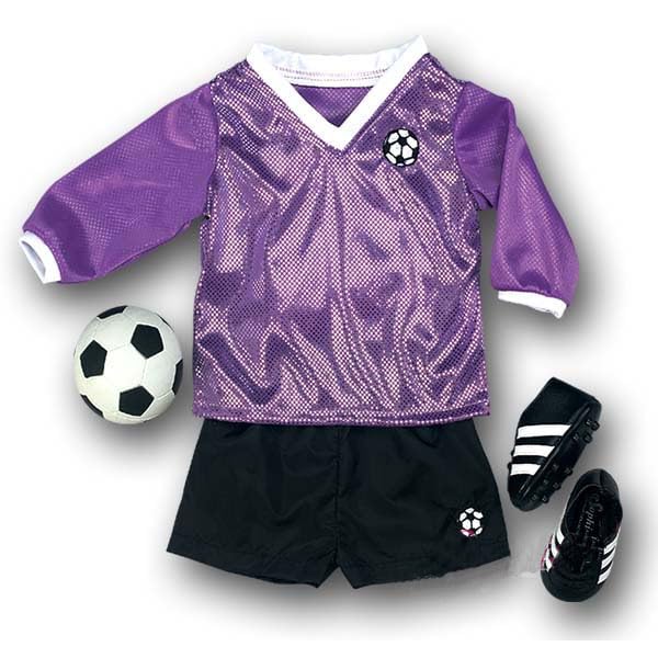 Sophia's 18" Doll 4 pc. Soccer Uniform with Long-Sleeved Purple Jersey, Black Shorts, Black Cleats, and Soccer Ball