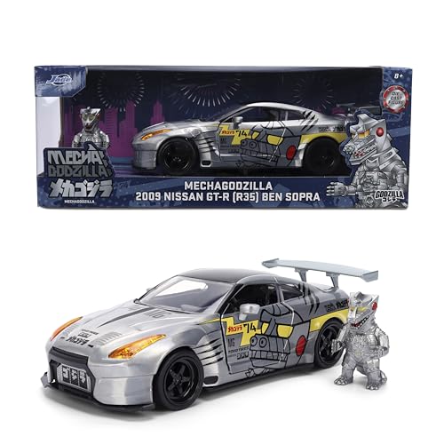 Jada Mechagodzilla w/ 2009 Nissan GT-R R35 Ben Sopra - 1:24 Anime Hollywood Rides - Die-Cast Car & Figure Toys - Opening Doors, Hood & Trunk
