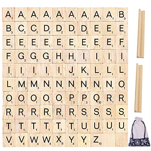 PINOWU 100pcs Wood Letter Tiles for Scrabble, Replacement for Scrabble Letters with Wood Racks and Cloth Gift Bag Craft Playing Alphabet Coasters