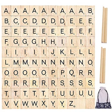 PINOWU 100pcs Wood Letter Tiles for Scrabble, Replacement for Scrabble Letters with Wood Racks and Cloth Gift Bag Craft Playing Alphabet Coasters