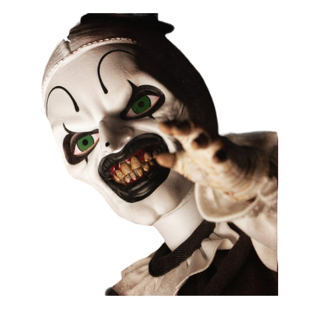 Mezco Terrifier - Living Dead Doll 10.5-Inch Art The Clown Doll with New Head Sculpt, Pom-Pom and Ruffle Detailing Black-and-White Costume, and