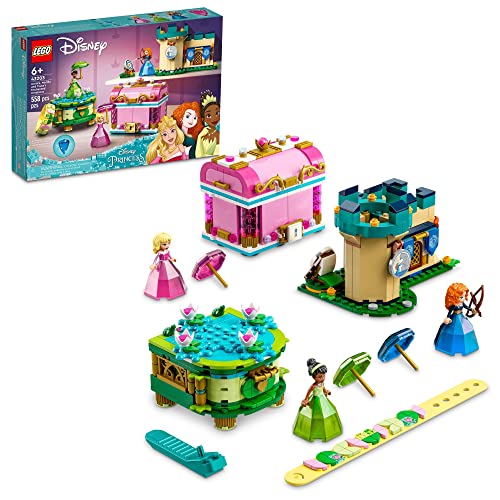 LEGO Disney Princess Aurora, Merida & Tiana’s Enchanted Creations 43203 Diamond Dress Set with 2 Buildable Jewelry Boxes, Pencil Holder, DOTS Bracelet