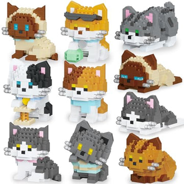 TENYEAH 10 Packs Mini Building Blocks Cats Set, Cat Building Kit Party Favors Toy, Interlocking Bricks, DIY Animal Figure Creative Birthday Gifts