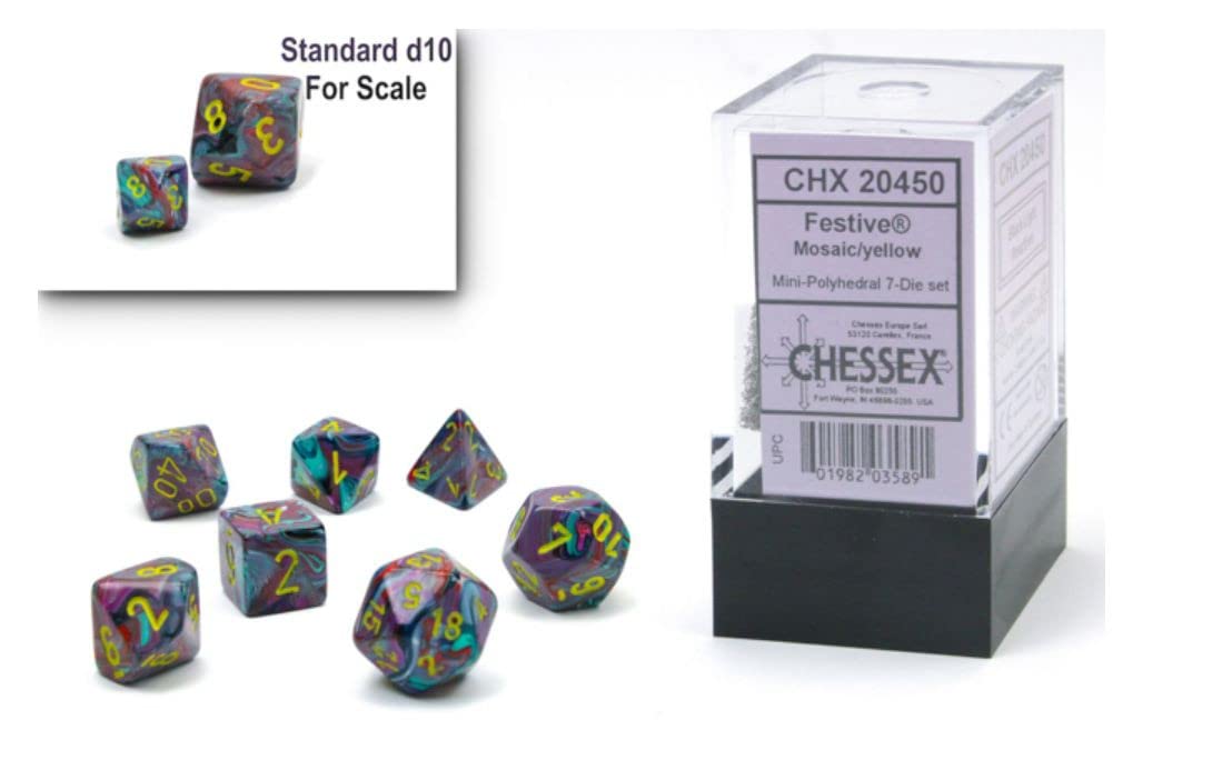 Chessex Dice Set - 10mm Festive Mosaic/Yellow Plastic Polyhedral Dice Set - Dungeons and Dragons D&D DND TTRPG Dice - Includes 7 Dice - D4 D6 D8 D10