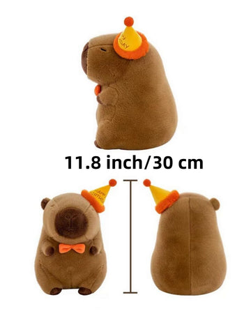Xshelley 11.8 inch Capybara Plush Toy Pillow with Happy Birthday Hat Bow Soft Stuffed Animal Kids Party Decoration Gift (Birthday Style)