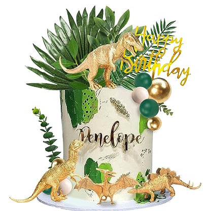 21 PCS Gold Dinosaur Cake Toppers Dinosaur Figures Green Ball Cake Decorations for Dinosaur Theme Birthday Supplies (Gold)