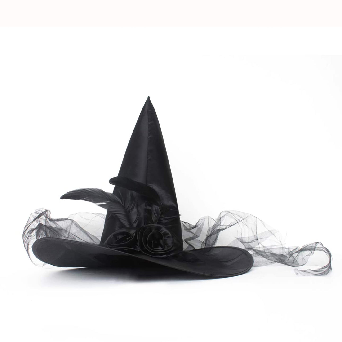 JUSTOTRY Witch Hat for Costume Party & Halloween - Women's & Girls' Black Witch Costume Hat with Roses, Feathers & Iron-on Design, Size 1PBL(Black