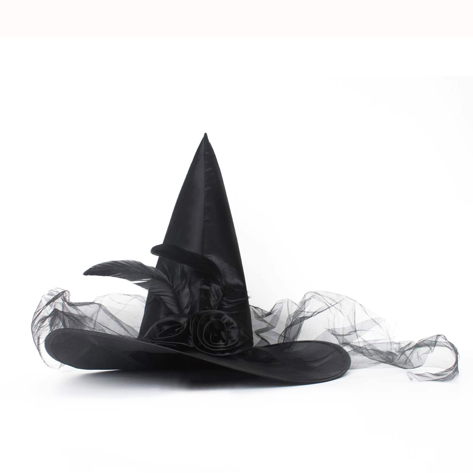 JUSTOTRY Witch Hat for Costume Party & Halloween - Women's & Girls' Black Witch Costume Hat with Roses, Feathers & Iron-on Design, Size 1PBL(Black