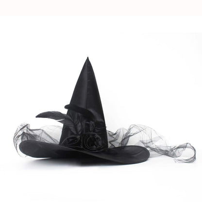 JUSTOTRY Witch Hat for Costume Party & Halloween - Women's & Girls' Black Witch Costume Hat with Roses, Feathers & Iron-on Design, Size 1PBL(Black