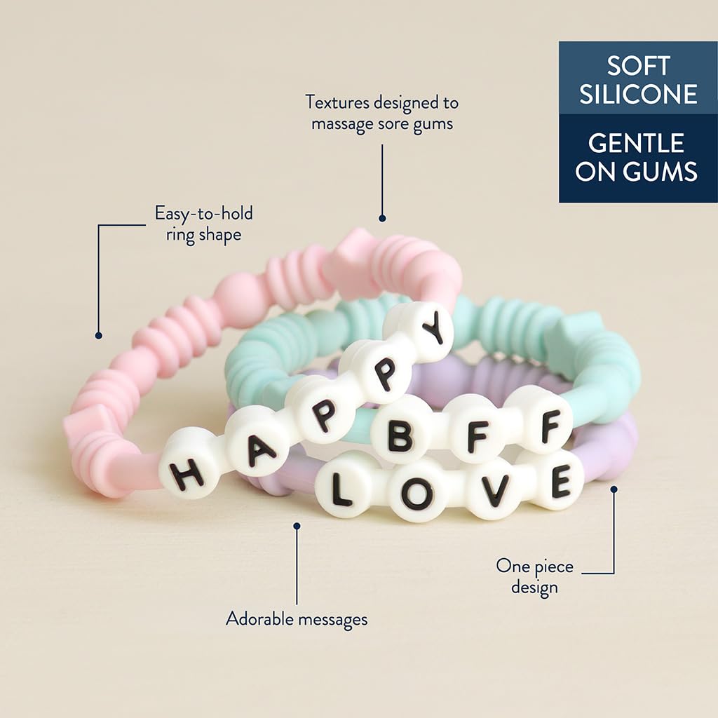 Itzy Ritzy Teething Rings - Set of 3 Textured, Silicone Rings for Ages 3 Months & Up - One-Piece Design with Adorable Messages (Pastel)