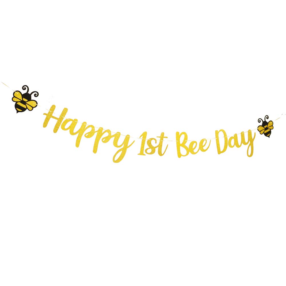 Happy 1st Bee Day Banner,Glitter Gold 1st Birthday Themed Party,One High Chair Sign Boy Girl First Birthday Party Decorations.