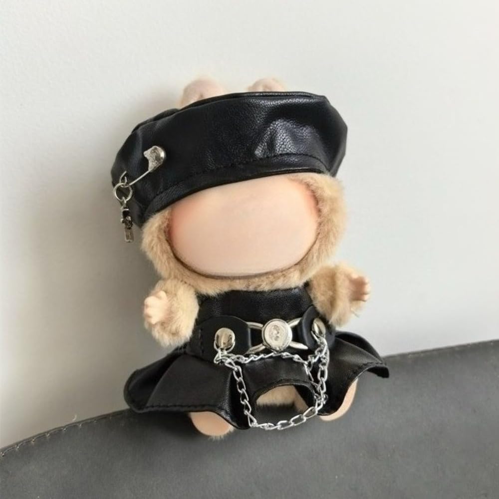 Clothes for Labubu Faux Leather Black Biker 2-Piece Set - Edgy Rock-Chic Kawaii Design Beret & Strap Mini Skirt for 17cm Dolls(No Doll) (Black)