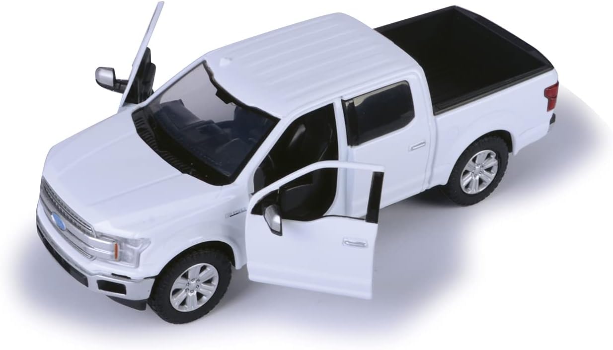 Motormax 2019 Ford F-150 Lariat Crew Cab Pickup Truck with a Car Hauler, Truck & Tow Trailer Combo - 1/27 Scale Diecast Model, White, All Star Toys