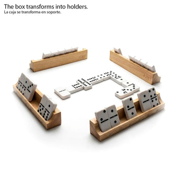 Unique Design | Dominos Set & 4 Wooden Racks/Trays | Double 6 Dominoes Portable Travel Set | Double Six Dominoes Set 4 Tiles Holders | 28 Tiles