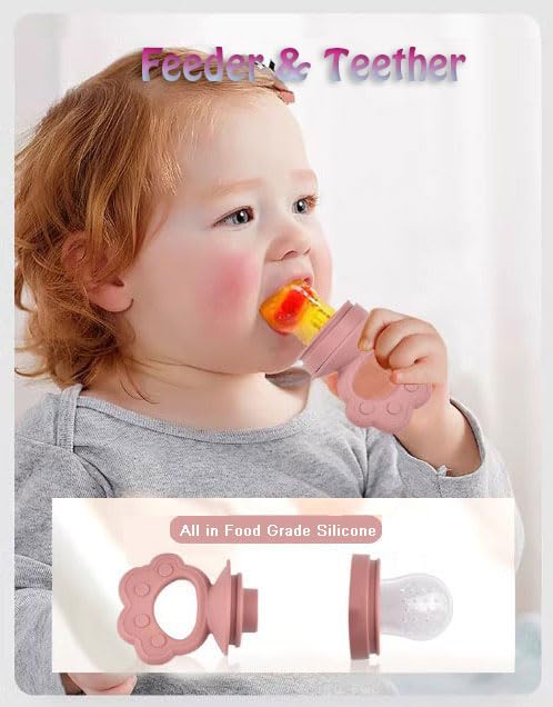 Ginbear Silicone Baby Fruit Food Feeder & Freezer Tray (Set of 2), Infant Teething Feeder Pacifiers with Baby Popsicle Molds Combo 4 Months+ (Hazy