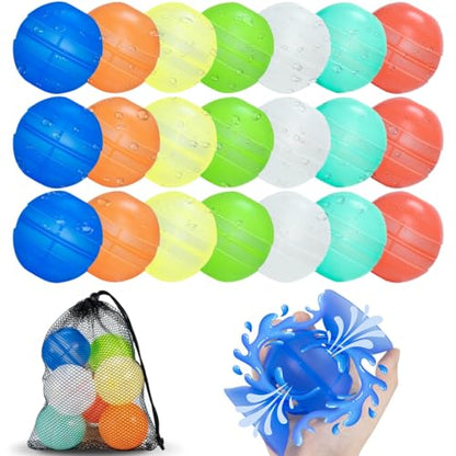Reusable Water Balloons 21 Pack Unique Double Water Inlet Silicone Water Bomb Pool Toys Non-Magnetic Quick Fill Self Sealing Water Splash Balls Games