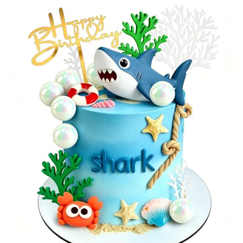 Under the Sea Cake Decorations Shark Cake Topper with Shark Figurines Crab Balls Starfish and Shells for Ocean Theme Birthday Party
