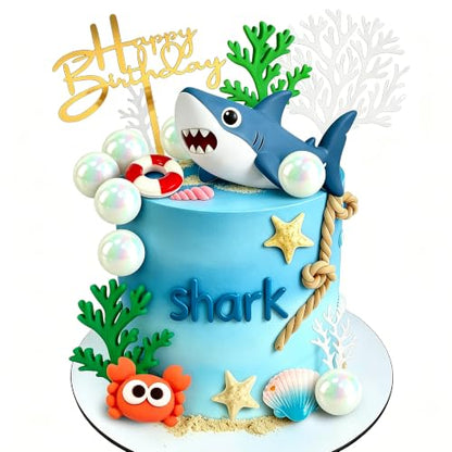 Under the Sea Cake Decorations Shark Cake Topper with Shark Figurines Crab Balls Starfish and Shells for Ocean Theme Birthday Party