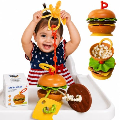 Hamburger Suction Cup Baby Toy Holder for High Chair, Car Seat & Stroller, 3 Tether Straps Keep Toys from Falling Down, BPA-Free Food-Grade Silicone