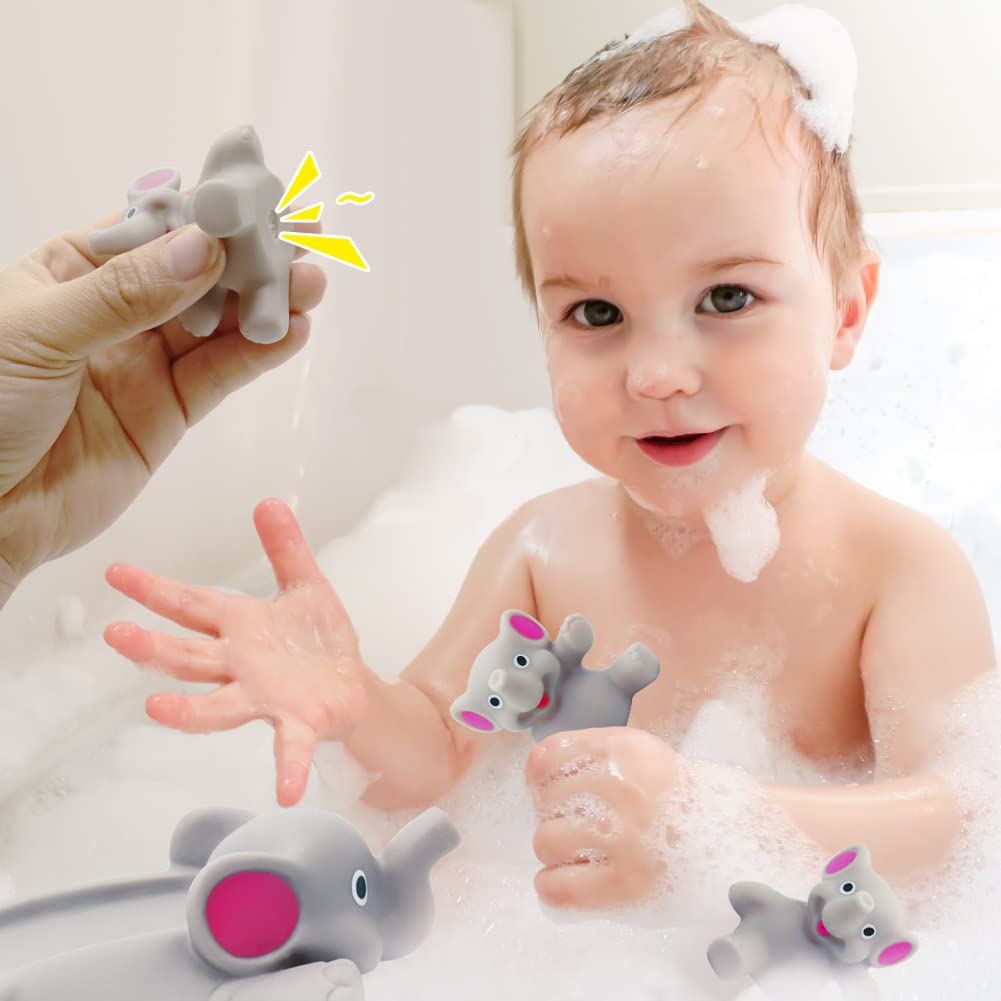 Bath Toys for Toddlers Infants 6 Months+, Floating Bathtub Elephant Toys Squeak Rubber Animal 4 Piece Set, Pool Beach Party Gift for Kids Boys Girls