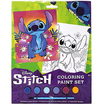 Disney Stich Coloring Paint Set - Disney Lilo and Stitch Movie Kids Art Set, Includes 6 Acrylic Paint Set, Brush, and 2 Coloring Sheets, Fun Children