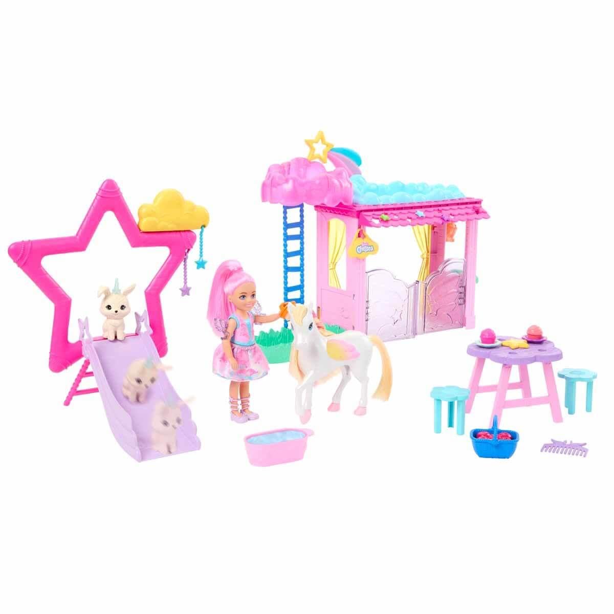 Barbie A Touch of Magic Chelsea Small Doll & Pegasus Playset with Stable, Slide, Pet Bunny 10+ Accessories, Color-Change Winged Horse Toy