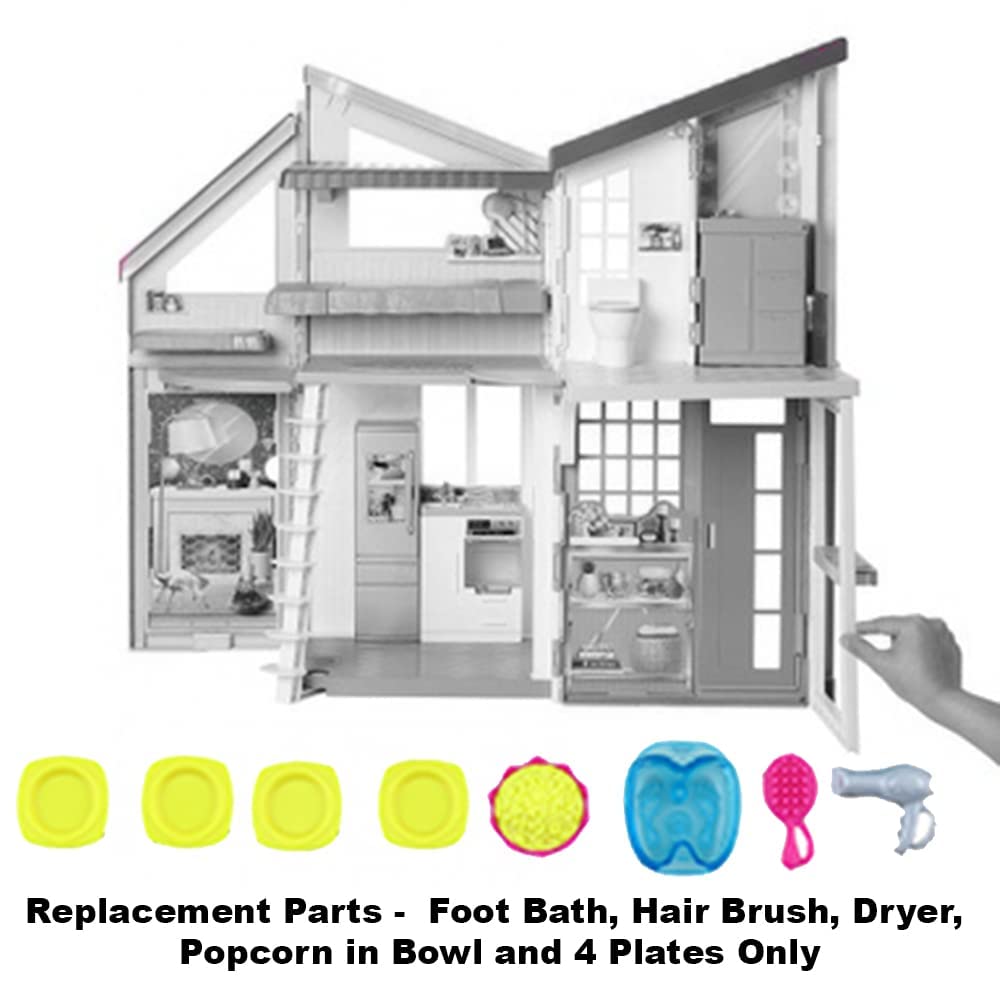 Mattel Replacement Barbie Size Foot Bath, Hair Brush and Dryer, Popcorn in Bowl and 4 Plates for Barbie Malibu Dollhouse Playset - FXG57, Yellow,