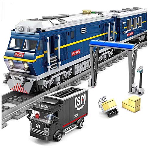 General Jim’s Motorized Blue Diesel Cargo Train Set, LED Light Up Engine, Sliding Door Railcars, Complete City Track System, Cargo Truck and Loading