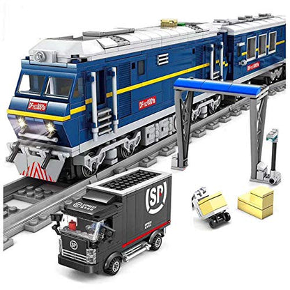 General Jim’s Motorized Blue Diesel Cargo Train Set, LED Light Up Engine, Sliding Door Railcars, Complete City Track System, Cargo Truck and Loading
