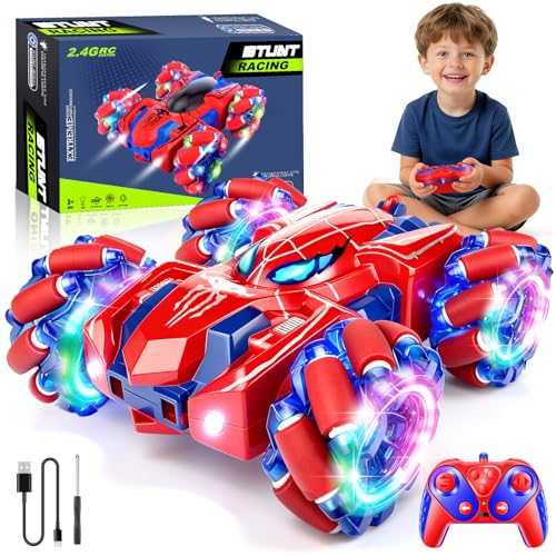 GDRic Spider Remote Control Car, 2.4Ghz Rechargeable Rc Cars 360° Rotating 4WD Stunt Car with Cool Lights | Double Sided Drift | Indoor Toys for Kids