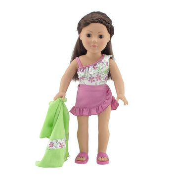Emily Rose 18 Inch Doll Clothes 4-PC Floral Print One Piece Swimsuit Swim Set, Includes Matching Towel, Ruffled Skirt, and Fun Beach Sandals! | Gift