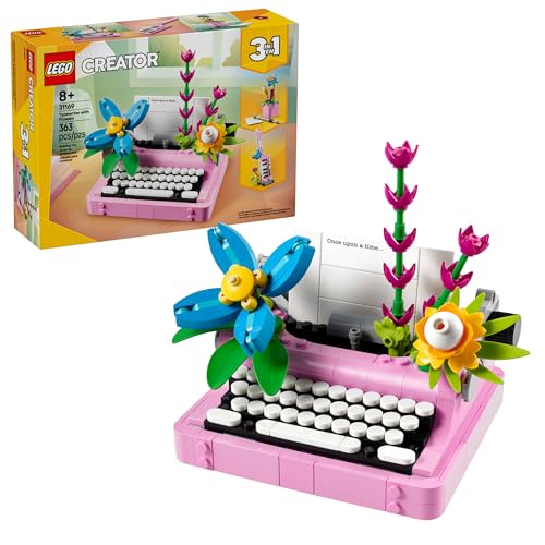 LEGO Creator 3 in 1 Typewriter with Flowers - Building Toy with 3 Building Options, Typewriter, Flowerpot with Pen & Notebook, or Keytar - Gift Idea