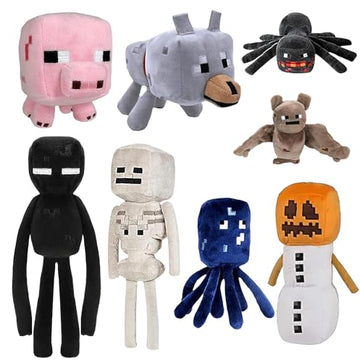 XSLWAN 8Pack Snow Golem Plush, Enderman Plush, Baby Wolf, Baby Pig, Spider, bat, Skeleton Shooter, Squid Stuffed Animals Toys?Great Gift for Children