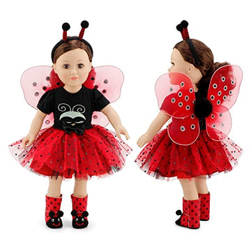Emily Rose 18 Inch Doll Clothes 5-PC Magical Red & Black Lady Bug Onesie Tutu Halloween Costume for 18" Dolls - Accessories Gift Set - Removable Wings