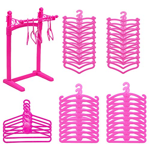 55PCS Barbie Doll Hangers with Display Rack - Mini Clothes Hangers for 11.5 & 12 Inch Dolls, Plastic Organizer Storage for Doll Dresses Outfits (Pink)