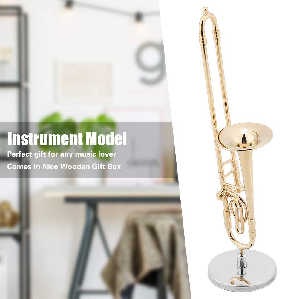 Trombon Miniatura Trombone Ornament Miniature Musical Instrument Trombone Model With Supoort And Case For Dollhouse Music Room Decoration