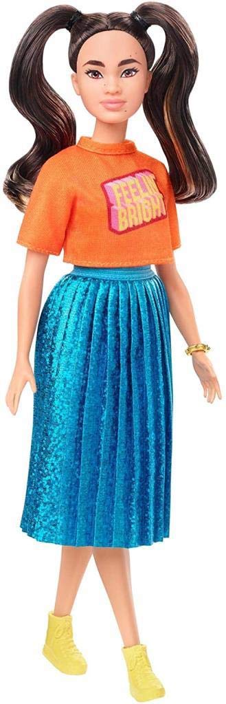 Barbie Fashionistas Doll #145 with Long Brunette Pigtails Wearing Orange T-Shirt, Shimmery Blue Skirt, Yellow Kicks & Bracelet, Toy for Kids 3 to 8