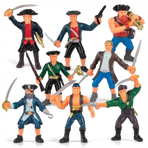 Liberty Imports 8 Piece Pirate Action Figures Playset in Assorted Poses and Weapons, Fun Pirate Men Party Favor for Kids (3.5 inch)