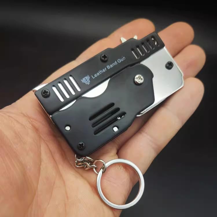 Mini Rubber Band Gun Metal Folding Gun Keychain with 100 Rubber Bands Made Entirely of zinc-Iron Alloy Material Sturdy and Durable (Black Leather